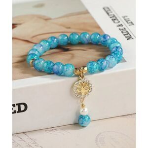 Handmade Blue Apatite Stretch Beaded Bracelet Gold Tree of Life Charm Jewelry